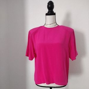 VTG SOPHISTICATES Neon Pink SILK Short Sleeve Top PADDED SHOULDER